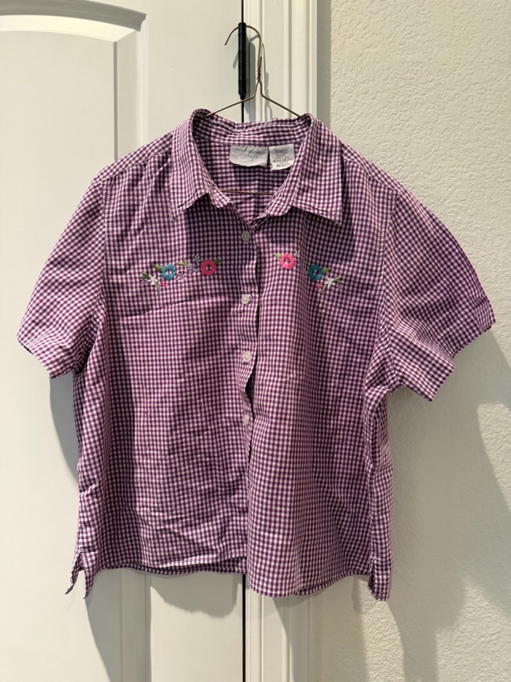 Purple Gingham Button-Front Shirt & Pants with Floral Embroidery
